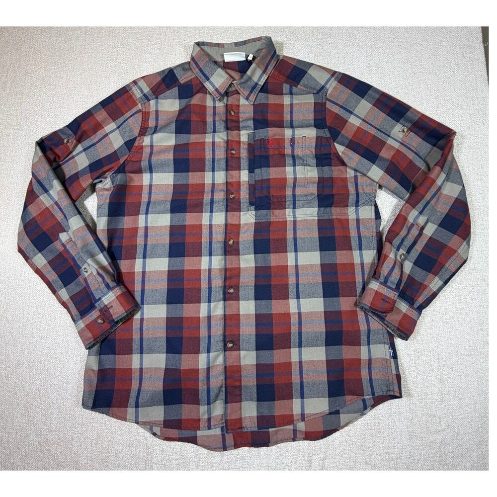 Fjallraven Mens XL Blue Rust Plaid Long Sleeve Button Front Shirt Outdoor Casual